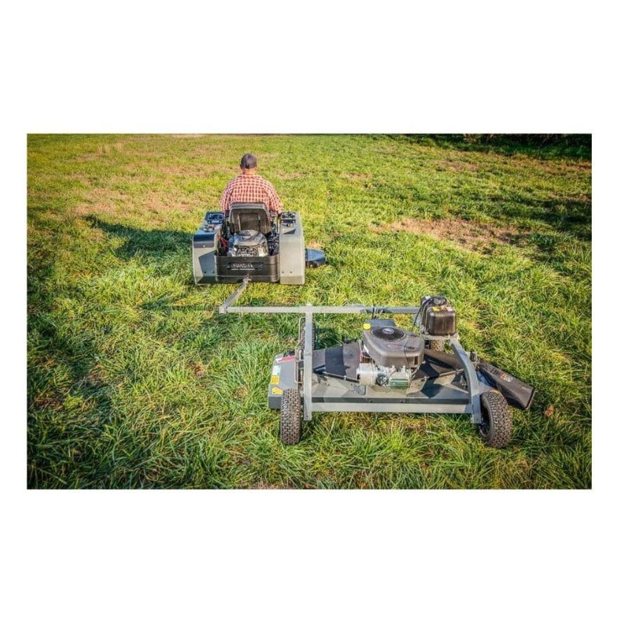 Swisher 60" Trail Mower 12V with engine, rear view showcasing dual tires and mower deck.