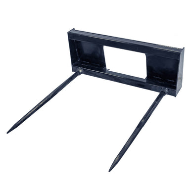 2-Prong Bale Spear for Skid Steer by Prime Attachments, black, front view with two pointed prongs.