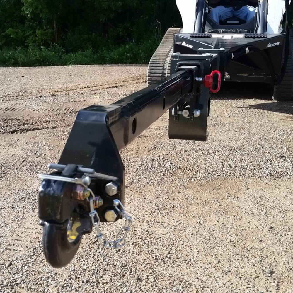 20 Ft Skid Steer Truss Boom by Glacier Attachments, black metal, front view with adjustable hitch.