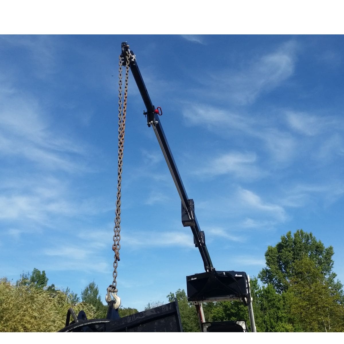 20 Ft Skid Steer Truss Boom by Glacier Attachments, black with a lifting chain and hook.
