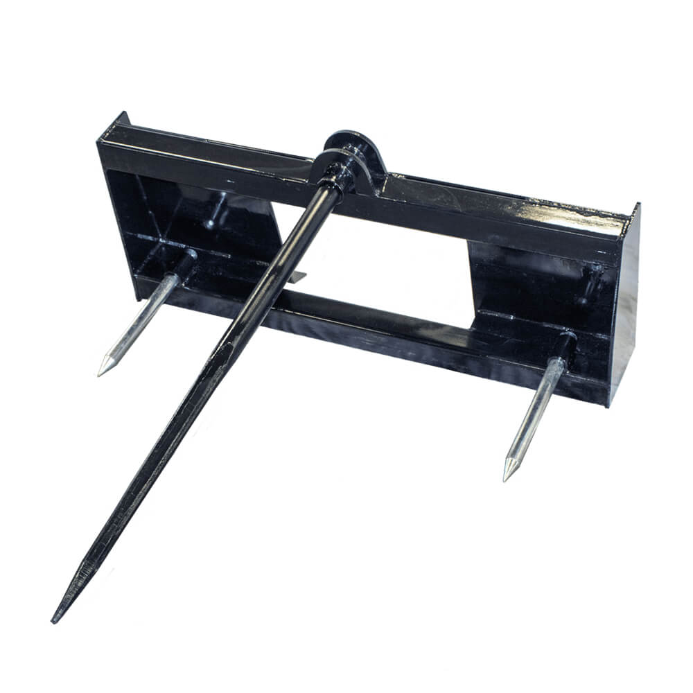 3-Point Bale Spear for Skid Steer, angled view, metallic black with two sharp spears.