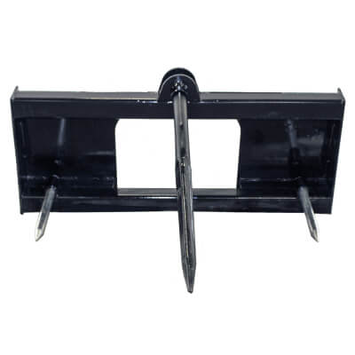 Prime Attachments 3-Point Bale Spear for Skid Steer, front view, black with two pointed spears.