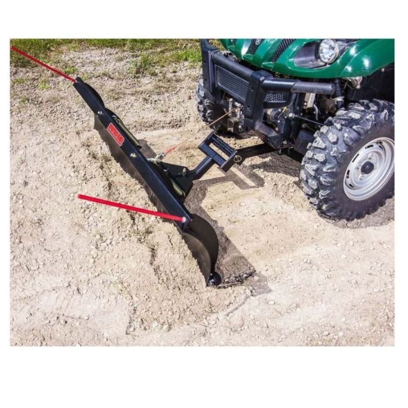 Swisher 2850 62" UTV plow blade, black with red support bars, angled view.