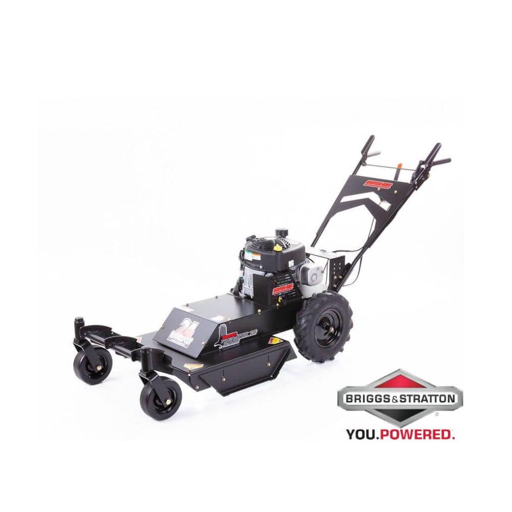 Briggs & Stratton 24" Walk Behind Rough Cut Mower, black, angled view with wheels and engine.