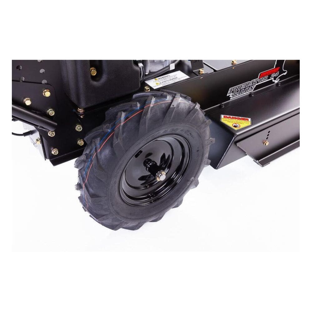 Swisher 24" Walk Behind Rough Cut Mower angled view, featuring robust black wheels and engine components.