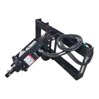 Glacier Auger Drive Unit for Skid Steer, black with hydraulic hoses, angled view.