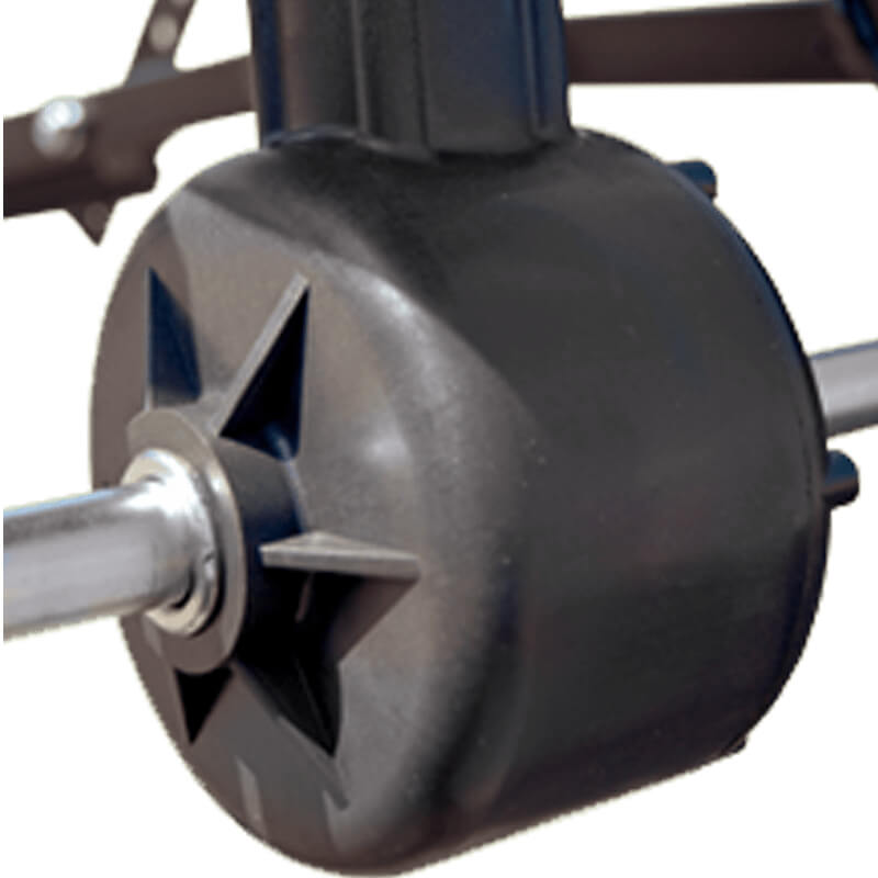 BEFCO Baby Hop Spreader black plastic wheel, side view, designed for even material distribution.