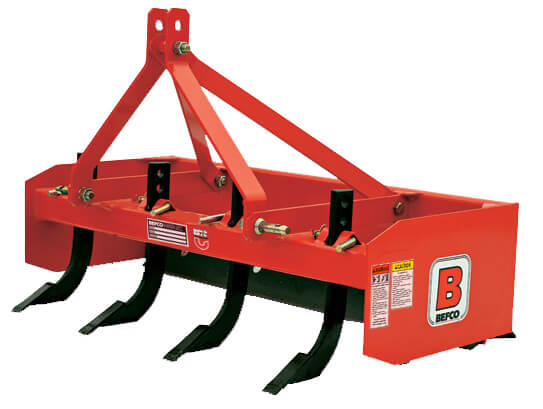 BEFCO Box Scraper for Tractor, red with four black scraping blades, front view.
