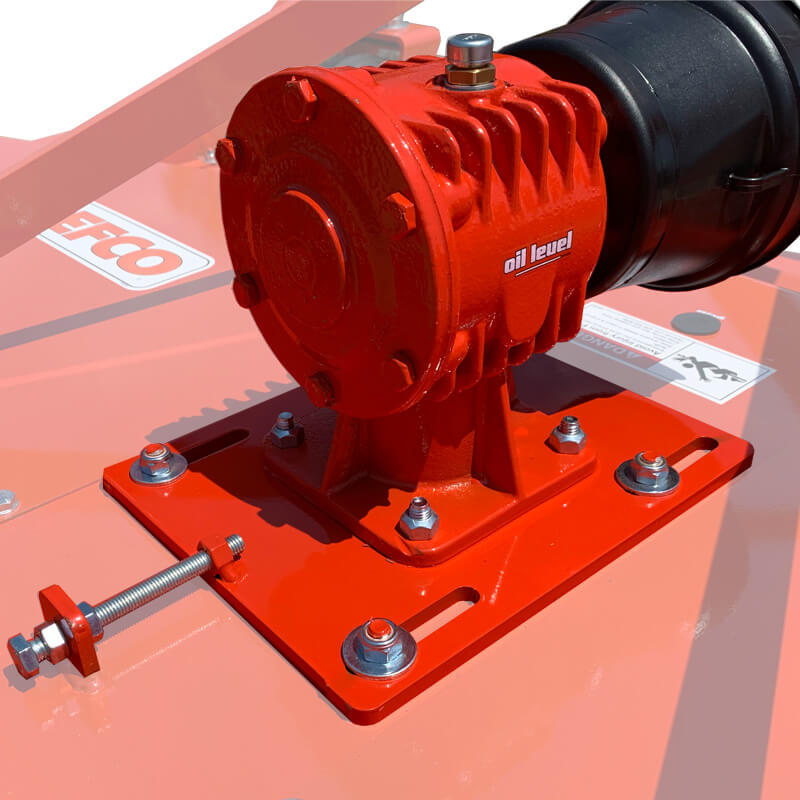 BEFCO C70 Grooming Mower close-up, red oil pump on a metal base with bolts visible.