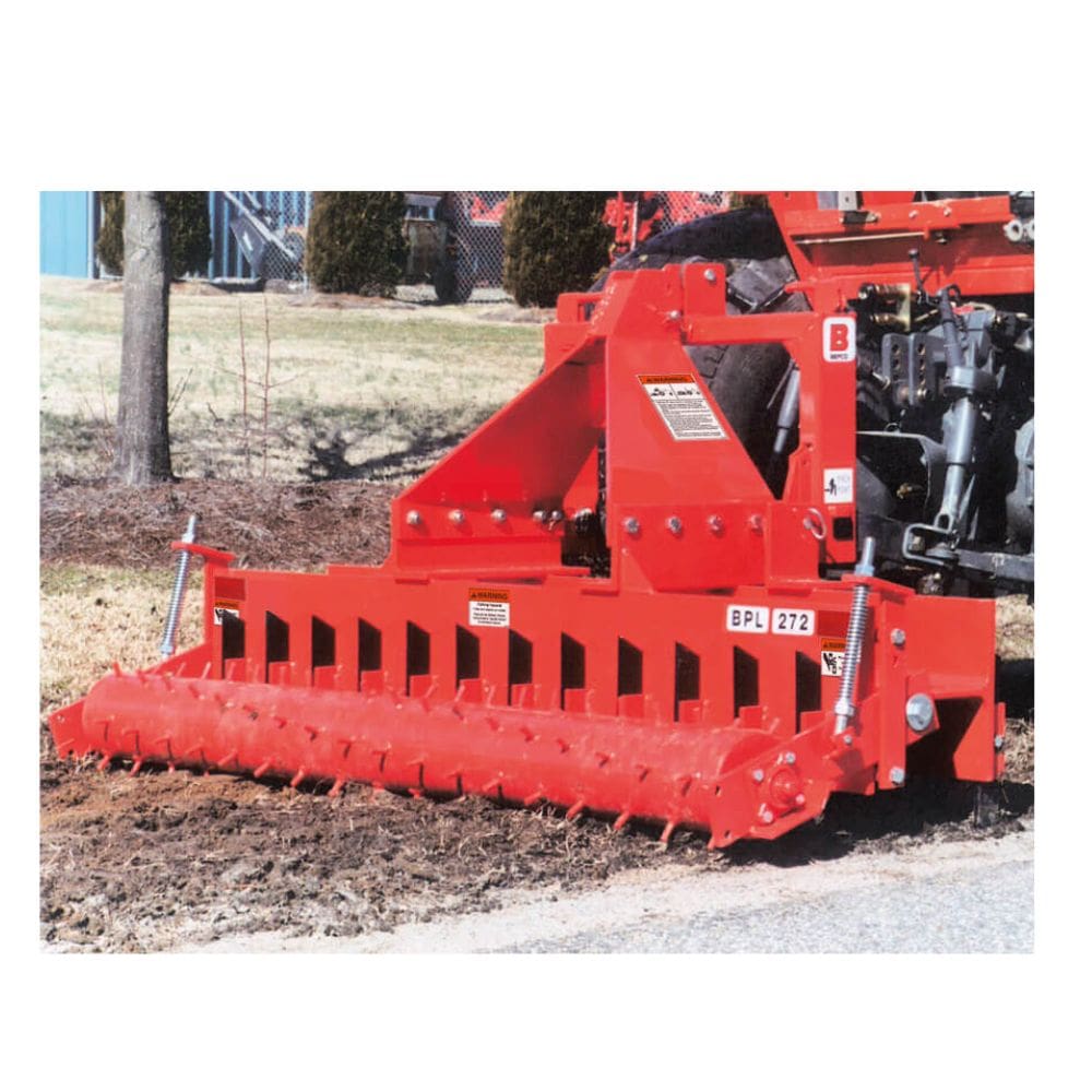 BEFCO Category 1 Quick Hitch QH1-100, red, angled view with robust hitch and tines.