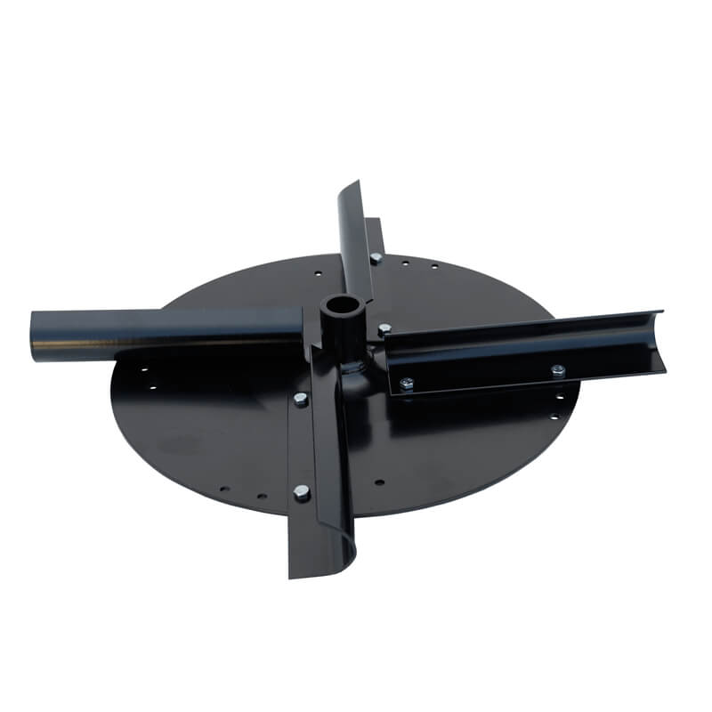BEFCO Fertilizer Spreader front view, black metal base with attached spreading arms and central hub.