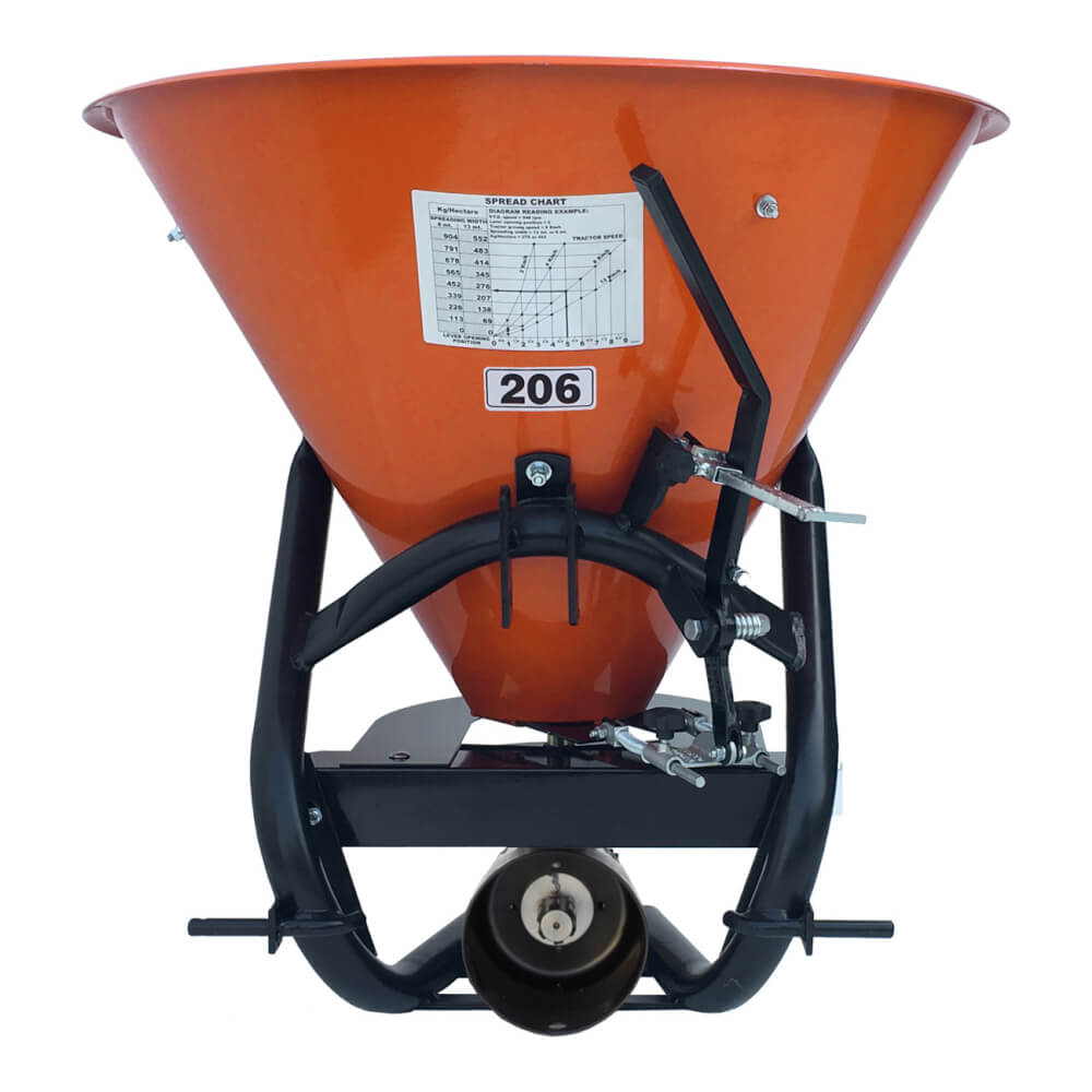BEFCO Fertilizer Spreader, front view, orange hopper, metal frame, adjustable handle.