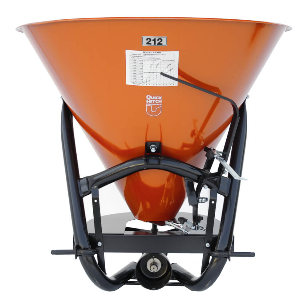 BEFCO Fertilizer Spreader model 212, front view, orange hopper with black frame and spreader chute.