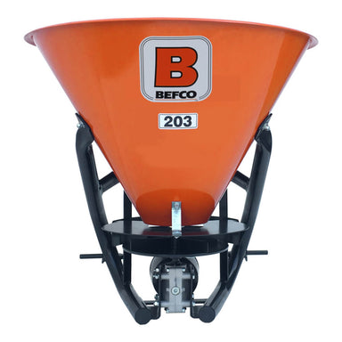 BEFCO 203 Fertilizer Spreader, orange, front view, with a large hopper and durable frame.
