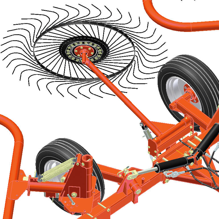 BEFCO Hay Rake angled view, red with large rake wheel and durable wheels.