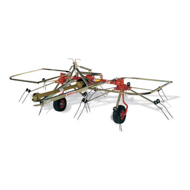 BEFCO Hay Tedder Rake DRP-300, red and silver, angled view, features wheels and tines.