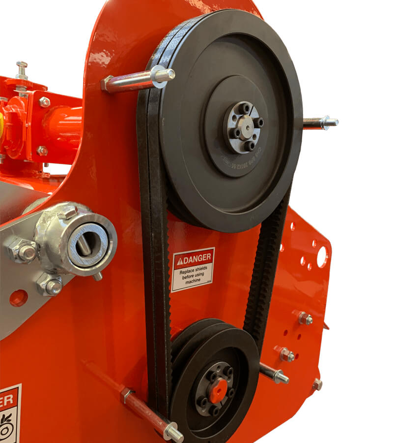 BEFCO Hurricane H40-S Flail Mower detail view, orange with pulleys and belts visible.