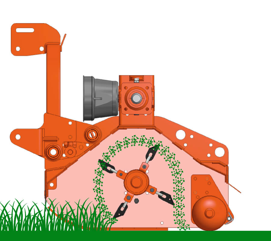 BEFCO Hurricane H40-S Flail Mower side view, orange with blades and discharge port features.