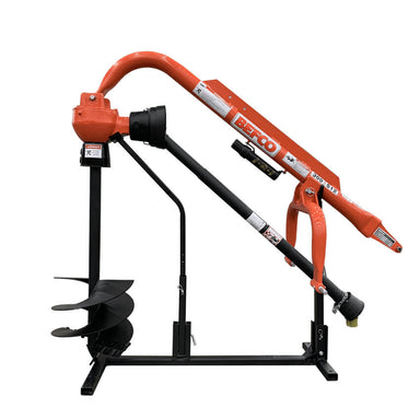 BEFCO PTO Post Hole Digger, orange design with auger, angled view and sturdy stand.