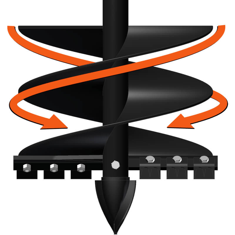 BEFCO PTO Post Hole Digger, black with dual spiral augers and sharp cutting tip.