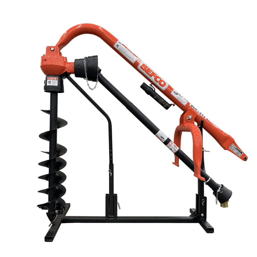BEFCO PTO Post Hole Digger side view, orange with an auger and heavy-duty frame.