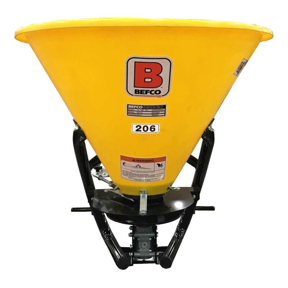 BEFCO Poly Hop Broadcast Spreader, yellow cone design with black frame and control features.