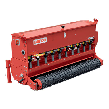 BEFCO Primary Seeder SRT in bright red, angled view with adjustable seeders and roller.