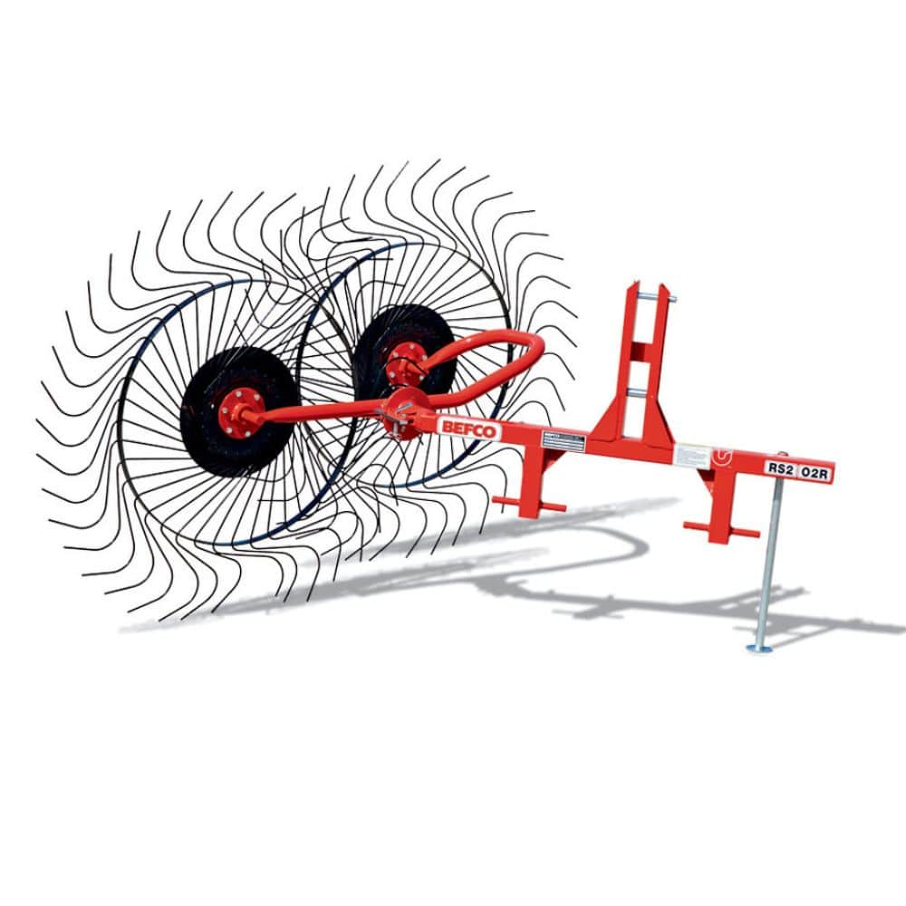 BEFCO RS2 Hay Rake, red and black with dual rotating rakes and sturdy frame.