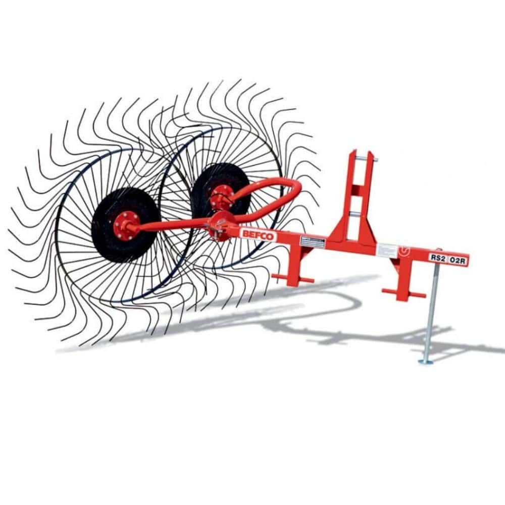 BEFCO RS2 Hay Rake in red and black, featuring dual curved wheels and a sturdy frame.
