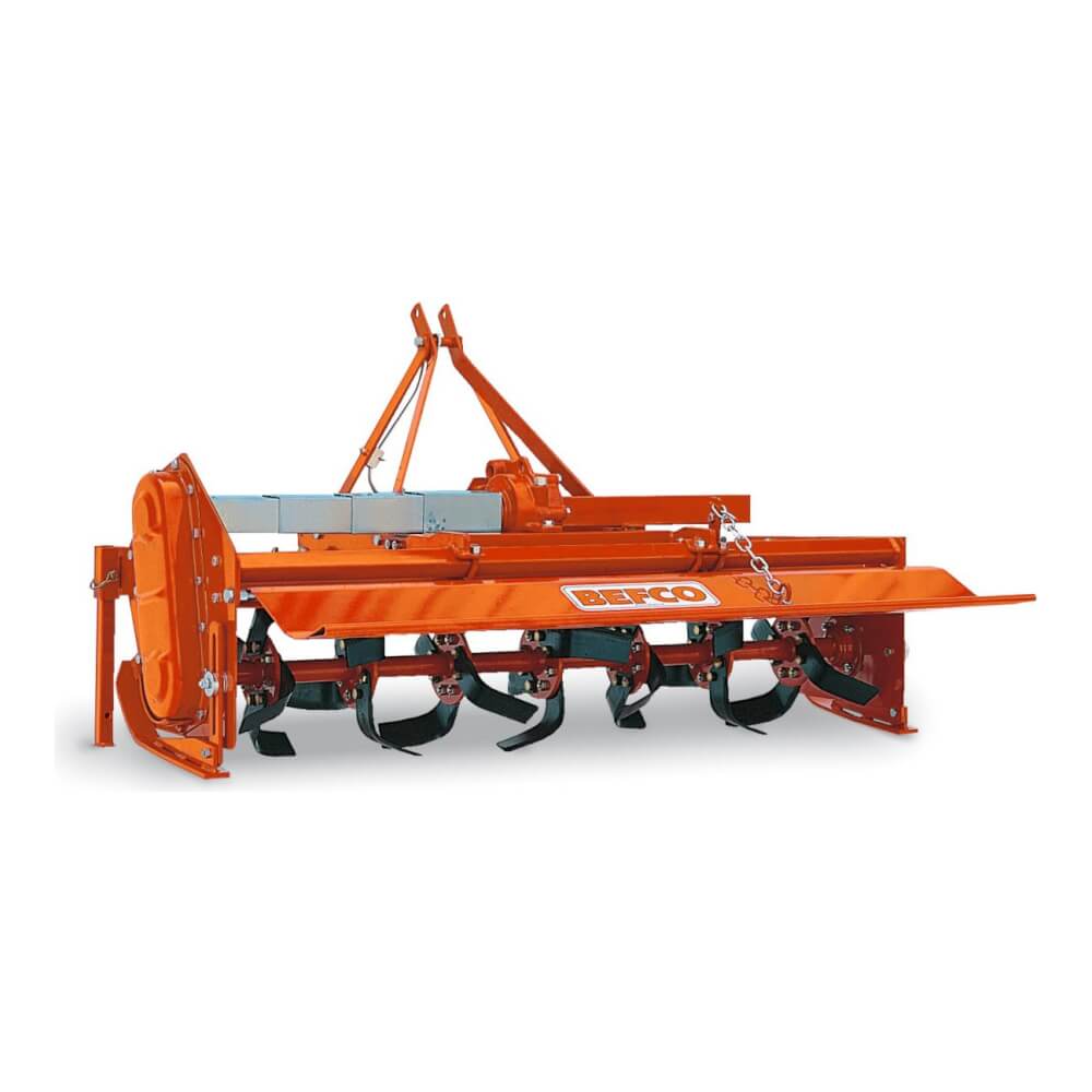 BEFCO T40 Rotary Tiller front view, bright orange color with tines and hitch components.