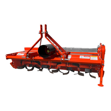 BEFCO T50 Rotary Tiller, orange, angled view with tines and adjustable hitch.