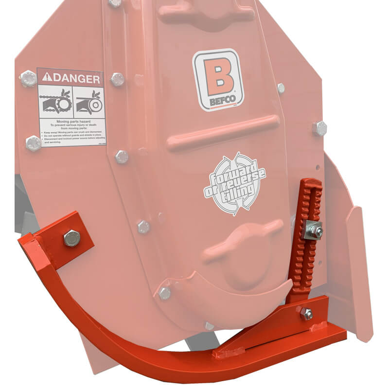 BEFCO T70 Rotary Tiller angled view, orange with safety warnings and adjustable tines.