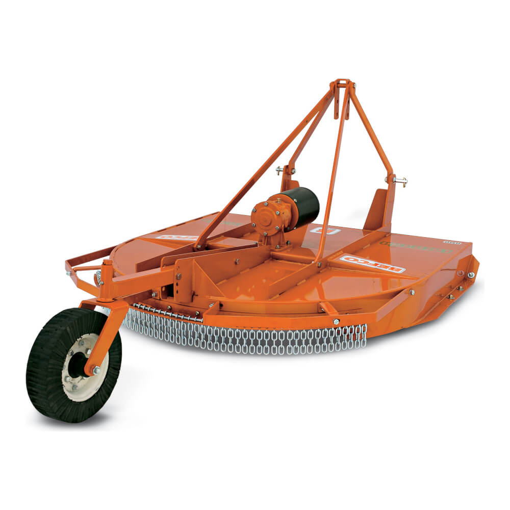 BEFCO Tornado RMD Rotary Cutter, orange, angled view with a chain guard and rugged wheels.