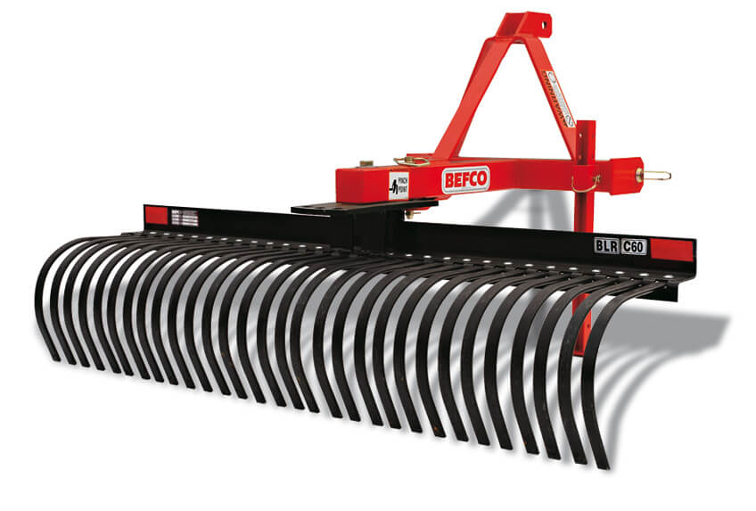 BEFCO Tractor Landscape Rake front view, red and black with curved tines and robust frame.