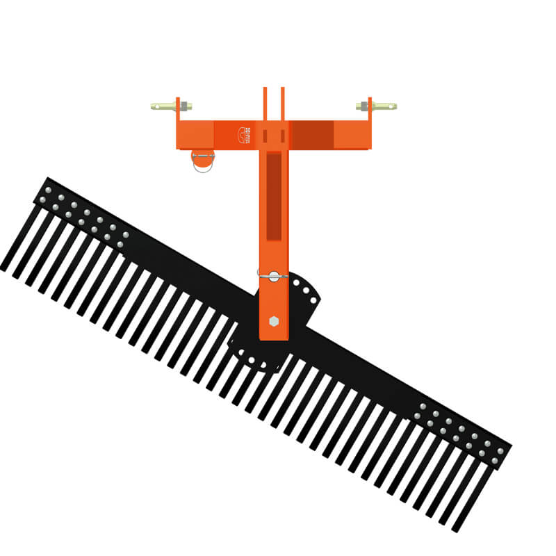 BEFCO Tractor Landscape Rake top view, featuring an orange frame and black raking tines.