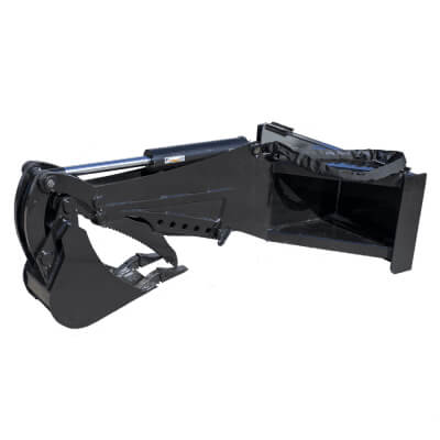Backhoe for Skid Steer by Prime Attachments, black, angled view with bucket attachment.