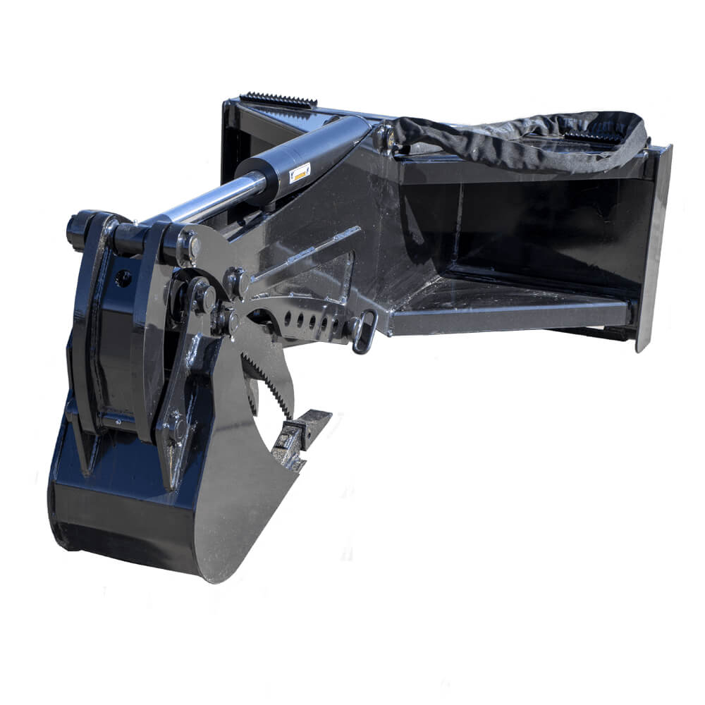 Backhoe for Skid Steer by Prime Attachments, black with sharp teeth and hydraulic arms.