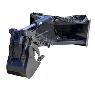 Backhoe for Skid Steer by Prime Attachments, black with sharp teeth and hydraulic arms.