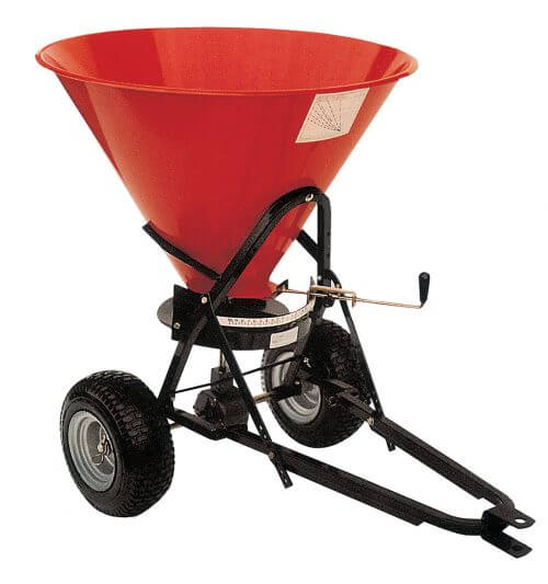 BEFCO Baby Hop Spreader, red hopper with black frame, wheels, and handle for easy maneuvering.