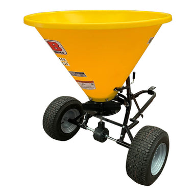 BEFCO Baby Hop Spreader in yellow, front view with large hopper and sturdy wheels.