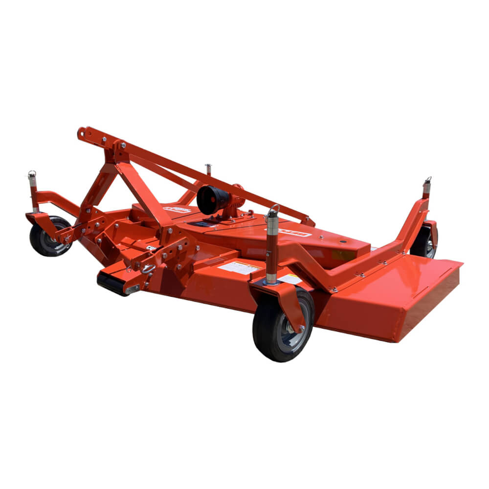 BEFCO C70 Grooming Mower angled view, vibrant orange with wheels and adjustable frame features.