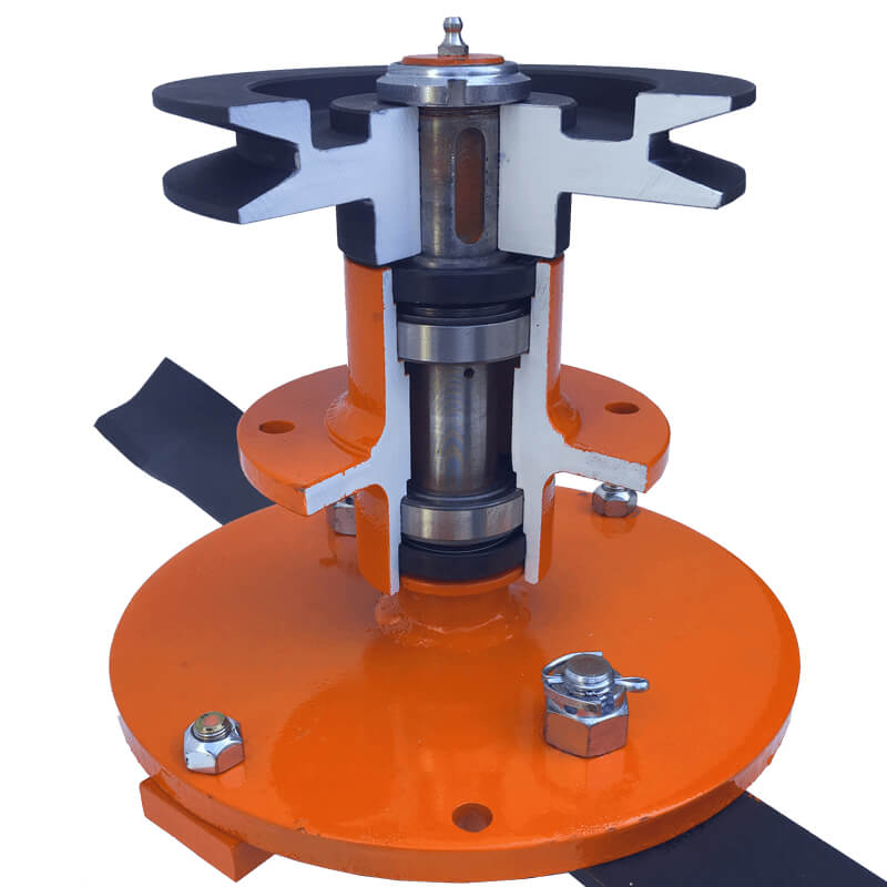 BEFCO C70 Grooming Mower detailed view, orange with cross-section showing internal mechanics and blades.