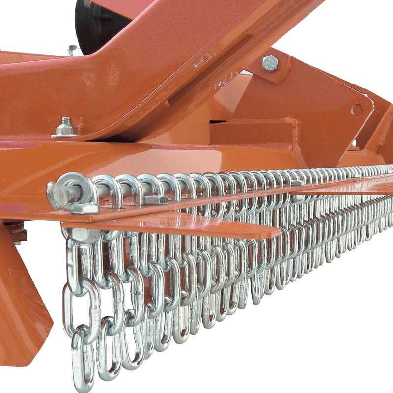 BEFCO Cyclone Super Flex Gang Grooming Mower angled view, orange with chains and metal components.