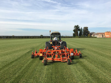 BEFCO Cyclone Super Flex Gang Grooming Mower, orange, rear view with wide cutting deck and wheels.