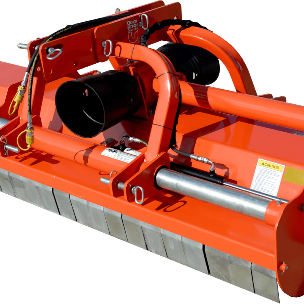 BEFCO Destroyer D90 Flail Shredder, orange, front view with cutting blades and hydraulic connections.