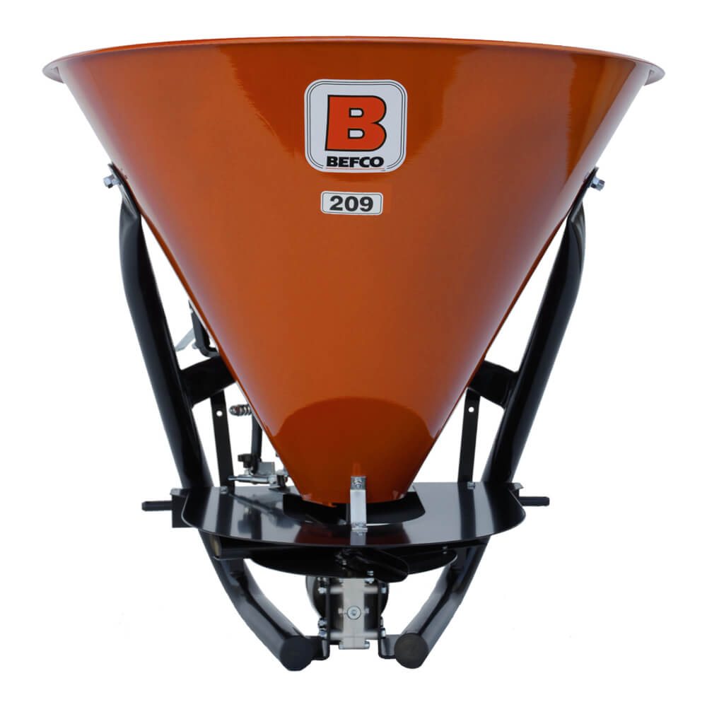 BEFCO 209 Fertilizer Spreader, orange cone-shaped hopper with black frame and adjustable controls.