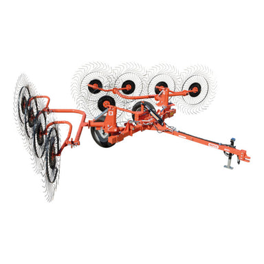 BEFCO Hay Rake angled view, orange with multiple raking wheels and hydraulic system.