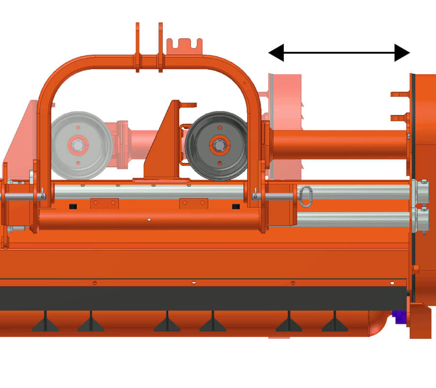 BEFCO Hurricane H40-S Flail Mower, orange, side view featuring wheels and cutting blades.