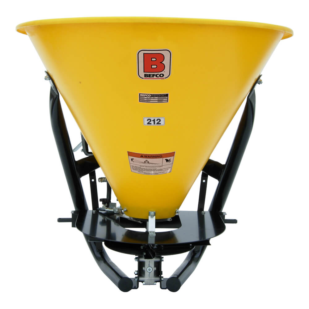 BEFCO Poly Hop Broadcast Spreader, yellow cone shape with black frame, front view.