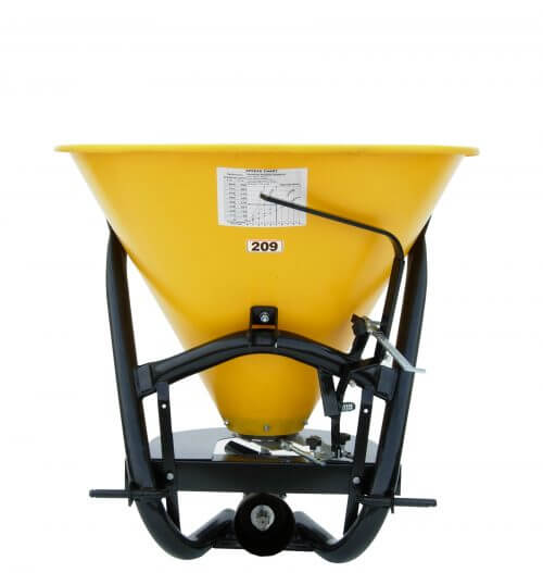 BEFCO Poly Hop Broadcast Spreader, yellow hopper with black frame and adjustable handle.